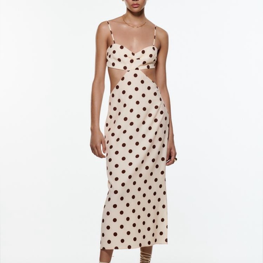 Zara Midi Brown Polkadot Cut-Out Dress!